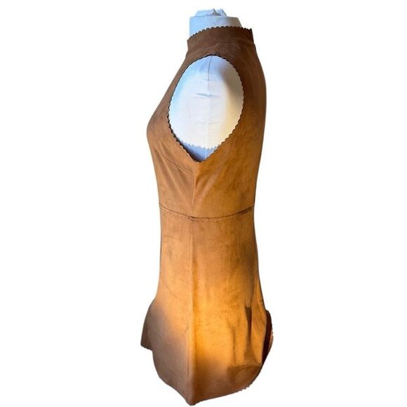 HYFVE Scalloped Hem Mini Dress, Large. Faux Brown Suede. Microfiber. Pretty - Picture 7 of 14